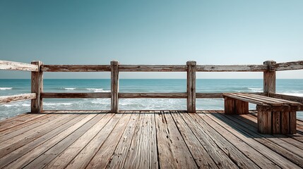 Relaxing seaside wooden boardwalk with sturdy railing overlooking ocean horizon and clear blank sky, ideal for summer leisure, coastal tourism, nature walks, and creative background use.