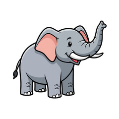 Fototapeta premium Cute cartoon elephant character smiling and trumpeting. Adorable gray baby elephant illustration with trunk raised up, isolated on white.