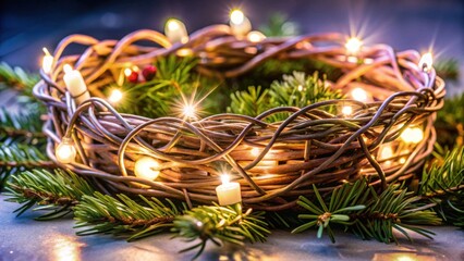 Decorative Christmas wreath with lights and evergreen branches  