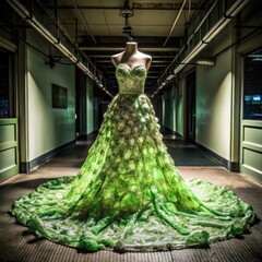 Elegant green gown displayed in a modern industrial hallway  