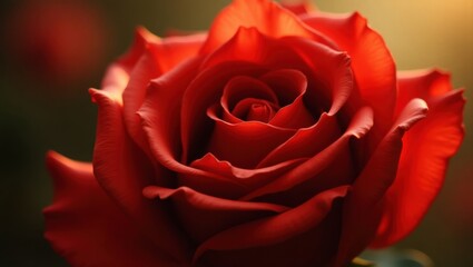 A Majestic Deep Red Rose in Full Bloom with Soft Golden Light