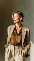 A fashionable woman in a blazer looking to the side