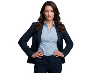 Confident woman in business attire standing with hands on hips isolated on transparent background