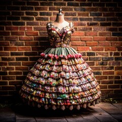 Colorful dress displayed on mannequin against brick wall background  