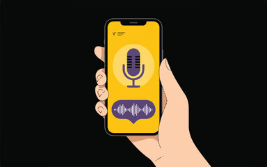 A flat design illustration of a hand holding a smartphone with a yellow screen.  