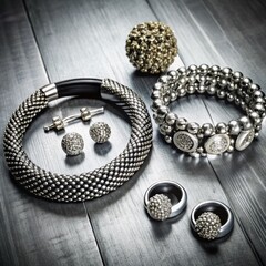 Elegant silver jewelry arrangement on dark wooden surface  