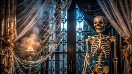 Skeleton standing next to candle in a spooky, dimly lit room  
