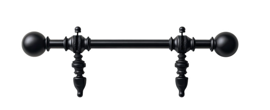 Black metal curtain rod with ornate finials