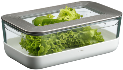 Rectangular, clear glass food storage container with a light gray metal frame and white base. Fresh green lettuce is visible inside