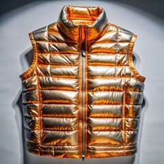Shiny orange puffer vest displayed on neutral background  