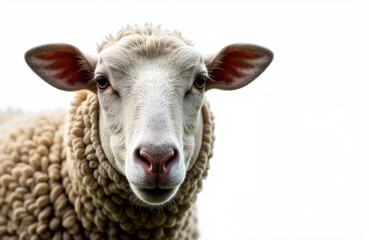 Obraz premium Close-up of a sheep's face with curly wool and alert ears on a white background