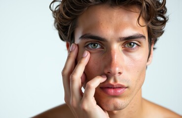 Close-up of a young man with clear skin and blue eyes looking directly at the camera