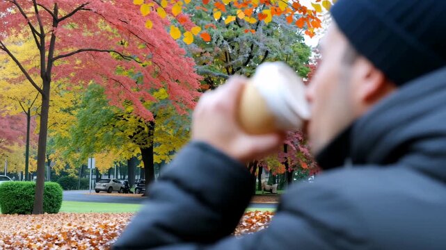 A male traveler sipping coffee from a paper cup during autumn, surrounded by golden foliage and crisp air, capturing the charm of seasonal travel lifestyle in cinematic 4K for wanderlust inspiration