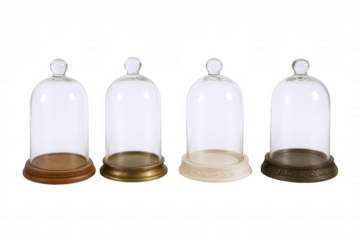 Collection of Four Decorative Glass Domes with Varied Ornate Bases for Display and Preservation