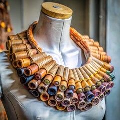 Colorful traditional necklace displayed on a mannequin in a shop  