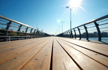 Naklejka premium A wooden walkway extending into the distance under bright sunlight with streetlights along the sides