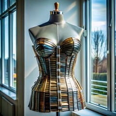 Stylish dress form displayed in bright room by large windows  