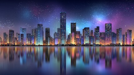 Horizonte futurista de ciudad nocturna con reflejo en el océano