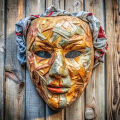 Colorful handmade mask displayed on wooden wall background  