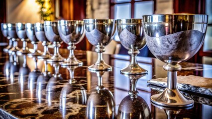 Silver chalices arranged on a marble counter in an elegant setting  