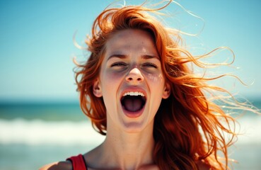 Woman with red hair shouting outdoors on a sunny day at the beach