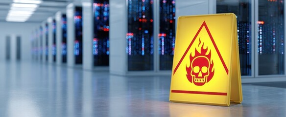 The warning sign indicating danger in a high-tech data center environment