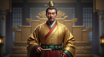 Cinematic Half-Body Portrait of Ancient Chinese Emperor in Golden Silk Robe with Intricate Embroidery and Jade Accessories in a Dim Imperial Throne Room