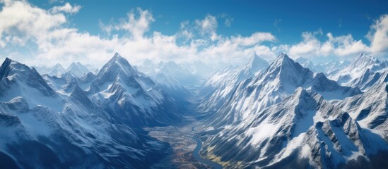 gigantic snowy mountain peaks, vast glacial landscape, dramatic cloudy sky, scenic winter wilderness, majestic mountain range, awe-inspiring panoramic vista, serene alpine environment, picturesque mou