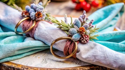 Naklejka premium Elegant napkin rings adorned with flowers on blue table cloth 