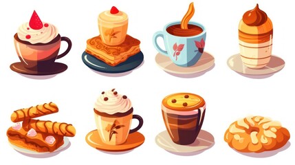 a whimsical assortment of delightful desserts, including a floating ice cream scoop, a layered cake with a cherry on top, a cup of coffee with a swirling marshmallow, and various other sweet treats in