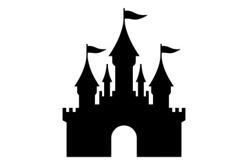 Obraz premium Silhouette of a majestic castle with multiple towers and flags against a white background scene