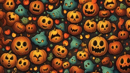 Obraz premium a large group of carved pumpkins with various spooky faces, halloween, jack-o-lanterns, orange and green pumpkins, 3d render, highly detailed, photorealistic 