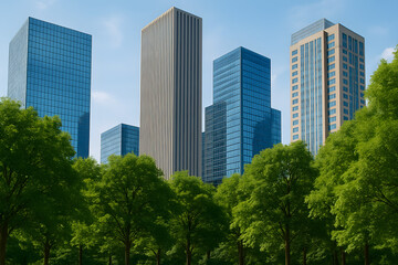 Obraz premium A tranquil urban oasis featuring a vibrant green park with a backdrop of modern downtown skyscrapers under a clear blue sky.