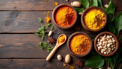 spices and herbs on wooden table