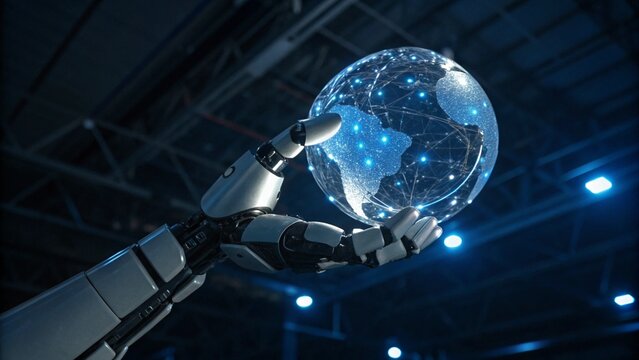 A robot hand is holding a glowing digital globe, representing artificial intelligence and the future of technology