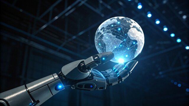 A robotic hand is holding a glowing digital globe, symbolizing artificial intelligence and the technological future - Powered by Adobe