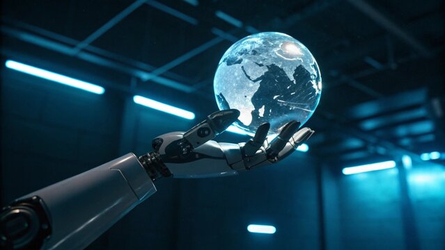 A robotic arm holds a glowing globe, symbolizing the convergence of technology, artificial intelligence, and the future of global communication