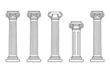 A line drawing showing five classical columns of varying heights and capital styles aligned