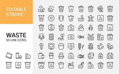 A set of 50 thin line icons arranged in a grid format, featuring waste and recycling themes.