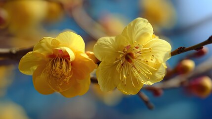 Yellow plum blossoms bloom in the sun, with blurred background and foreground, featuring flowers on branches of various shapes, all bathed in an overall golden tone that evokes warmth and happiness.