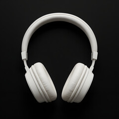 Sleek white wireless headphones on a stark black background. A minimalist top-down view of modern audio technology for music lovers.