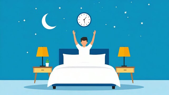 Happy person jumping out of bed in bedroom