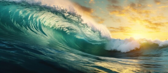 a large crashing ocean wave at sunset, dramatic lighting, epic, realistic, hyper detailed, cinematic, 8k, unreal engine
