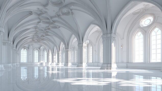 Grand, white, arched hall with high ceilings