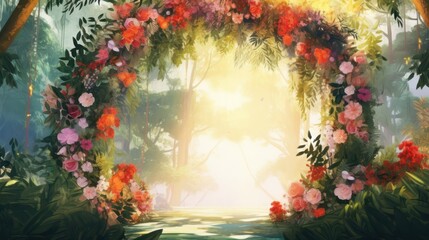 a beautiful and enchanting floral archway, vibrant and lush, bathed in warm, glowing light, with a serene, magical atmosphere, highly detailed, cinematic, unreal engine, 8k, hyper realistic
