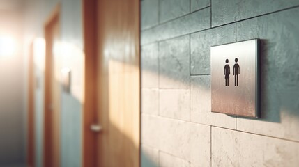Close-up of modern public restroom sign with male and female icons on a metallic plate. Contemporary hallway with warm sunlight, suitable for design, architecture, and accessibility concepts.