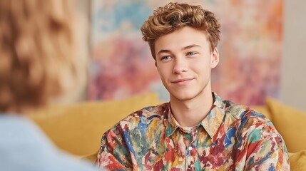 Non-binary teenager talking to therapist in cozy, inclusive setting. Warm colors, calm mood, and affirming environment support emotional expression and identity exploration.