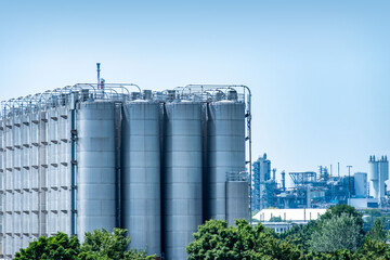 Industrial chemical storage silos and Processing, tall chimney, factory Chemiekonzern, European Industrial plant Infrastructure, manufacturing and innovation, science Germany
