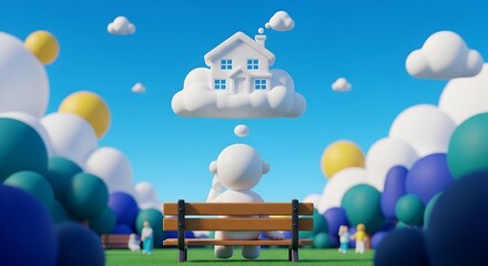 Dreaming of Homeownership: A minimalist 3D character sits on a park bench, gazing up at a fluffy cloud shaped like a house, symbolizing their aspiration for a new home under a bright blue sky.
