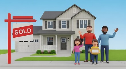 The New Home Portrait: A happy diverse family stands proudly in front of their beautiful new house, celebrating homeownership with a 'SOLD' sign.